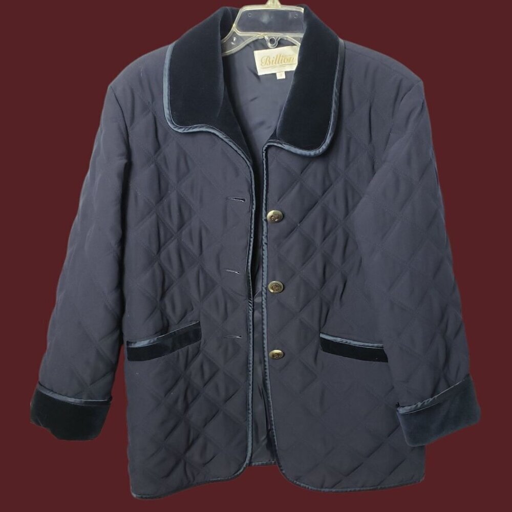 Vintage Billion Quilted Jacket With Velvet Collar Front Blue Navy Womens Size 7